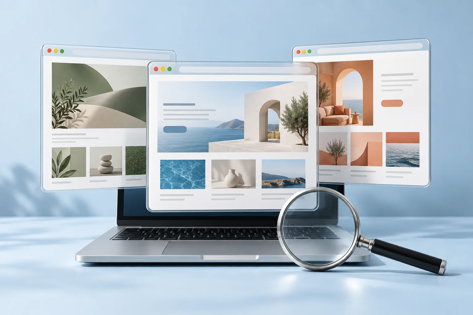 Ventanas de páginas web sobre un portátil con una lupa